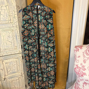 LuLaRoe Black Orange Geometric Sleeveless Vest L Aztec Boho